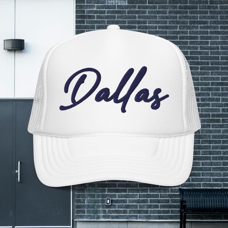 Dallas 3D Puff Hat, D-Town Trucker Hat, Texas Hat, Big D Hat, Cowboy Hat, Football Hat, Gift For Her, White/Navy  Embroidered Foam Trucker Hat Stand out from the crowd with this trendy foam trucker hat! This head accessory is made with high-quality polyester and foam that guarantees a premium look and feel. The foam trucker hat has an adjustable snap that ensures a comfortable fit, and the mesh back provides great breathability. The matching color braid gives the hat an extra oomph. Style it with your favorite outfit any time of the day. * 100% polyester front * 100% polyester mesh back * Thicker and heavier fabric, laminated with high-density, non-toxic foam * Structured, 5-panel cap, high-profile * 8 rows of stitching on a pre-curved visor * Seamless foam front panel with lining * Matchi Texas Hat, Chapeau Cowboy, Hat Stands, Head Accessories, Cowboy Hat, Trucker Cap, Cowboy Hats, Caps Hats, Favorite Outfit