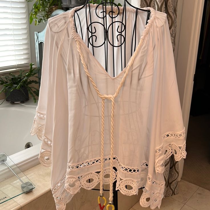 Ramy Brook White Blouse With Tassel Trim Ties. New, Never Worn. Summer V-neck Tops With Tassels, Summer V-neck Top With Tassels, Summer V-neck Blouse With Back Tassel Tie-up, Summer Beach Blouse With Back Tassel Tie-up, Spring Beach Cover-up Tops With Lace Trim, Spring V-neck Top With Back Tassel Tie-up, Spring Beach Tops With Tassel Ties, Summer Beach Tops With Tassel Ties, Beach Summer Tops With Tassel Ties