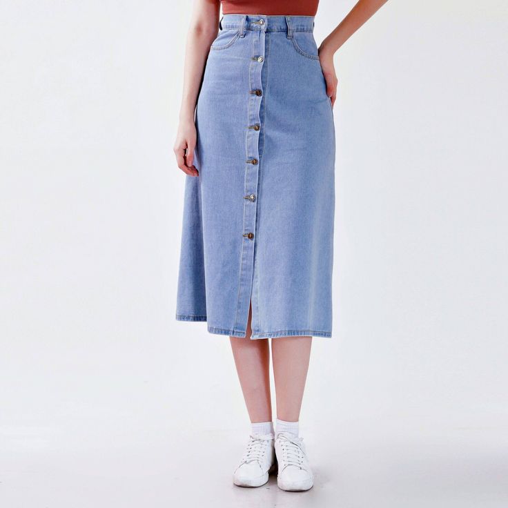 Blue Single Breasted A Line Denim High Waist Midi Skirt | Uniqistic.com Non-stretch Cotton Denim Dress With Buttons, Spring Non-stretch Buttoned Skirt, Non-stretch Buttoned Denim Dress, High Waist Denim Dress, Non-stretch Buttoned Skirt For Spring, Non-stretch Denim Skirt With Button Closure For Spring, Spring Non-stretch Skirt With Buttons, Dark Wash Button Skirt For Summer, Fitted Button-up Denim Skirt