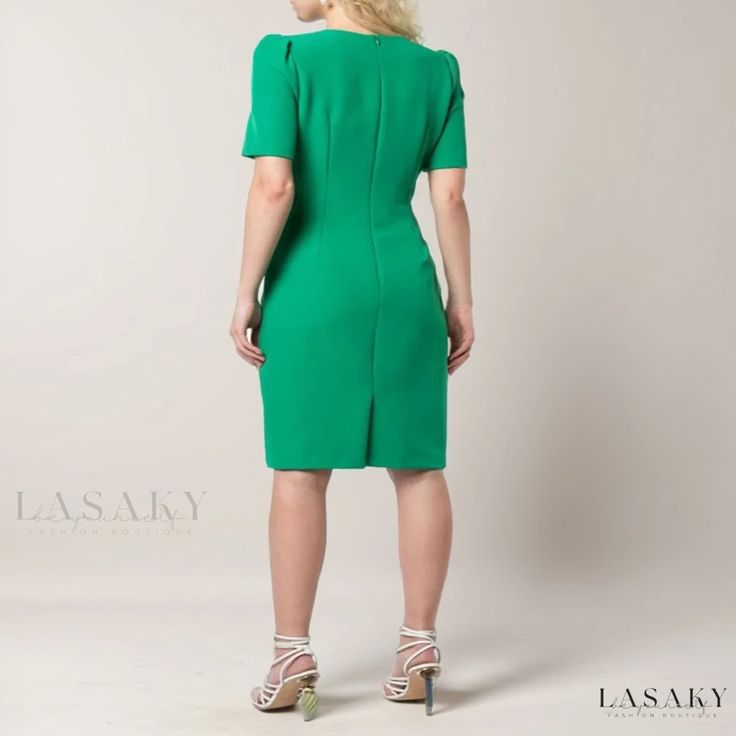 Lasaky - Elegant Round Neck Bubble Sleeves Bodycon Sexy Pencil Monochrome Maxi Dress Fitted Sheath Mini Dress For Office, Fitted Green Mini Dress With Back Zipper, Short Sleeve Elastane Bodycon Dress For Party, Elegant Green Elastane Bodycon Dress, Green Short Sleeve Bodycon Evening Dress, Green Short Sleeve Bodycon Dress For Evening, Mini Length Fitted Bodycon Dress For Office, Office Mini Length Fitted Bodycon Dress, Elegant Green Bodycon Office Dress