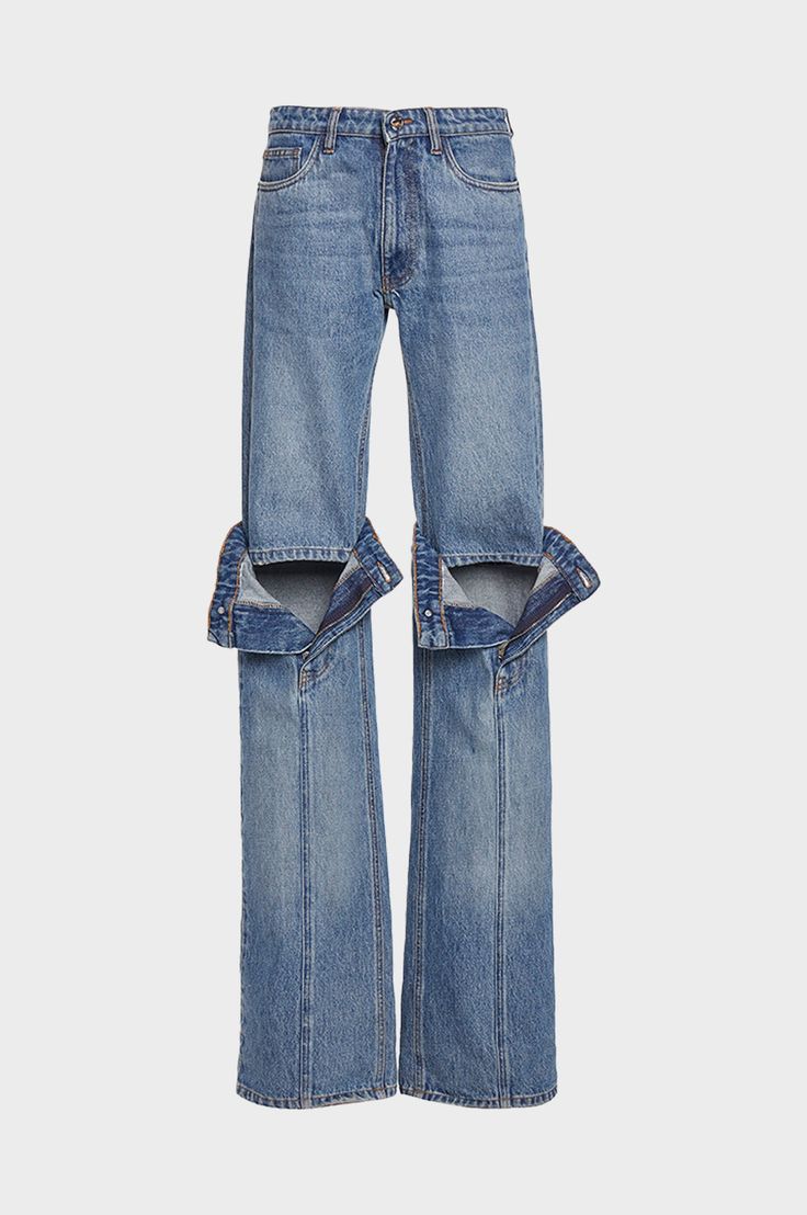 Long mid-rise jeans with open knee feature. The knees are exposed through re-closeable apertures allowing you to achieve your desired look. Fit runs true to size 100% Cotton Made in Italy Jean Vintage, Fashion Killa, Moda Operandi, Denim Fashion, Fashion Collection, Fashion Inspo Outfits, Straight Leg Jeans, Low Rise, Mid Rise