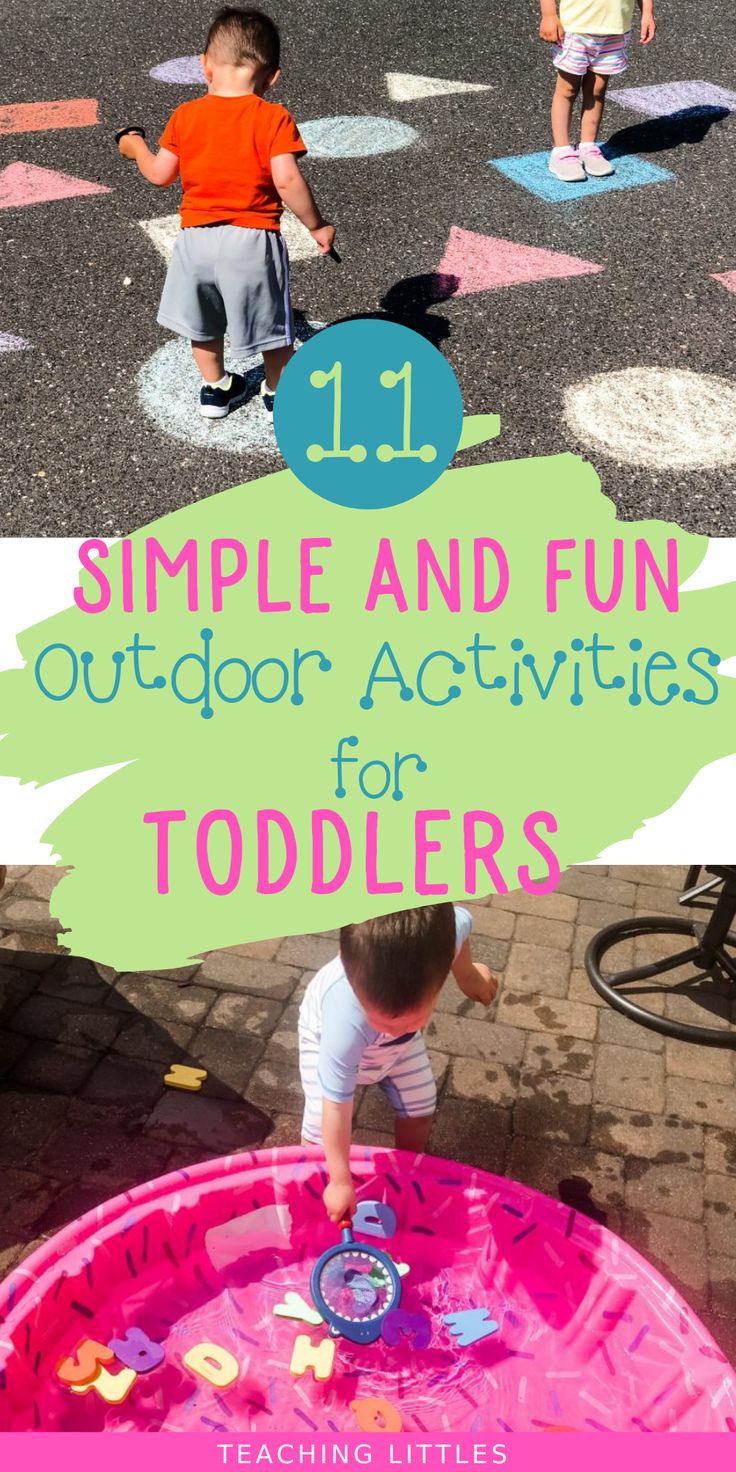 two toddlers playing in an outdoor play area with text overlay that reads 11 simple and fun outdoor activities for toddlers