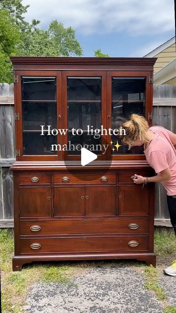 a woman standing next to a dresser with the words how to lighten mahogany on it