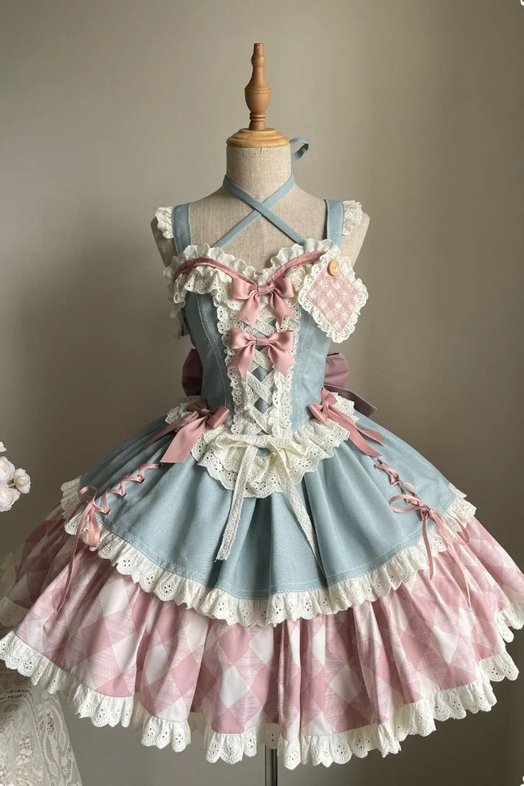 Blue/Pink [Sweetheart Cowboy] Plaid Print Ruffle Bowknot Sweet Lolita – LolitaInside Dress Made From Trash, Cute Dress Outfits Aesthetic, Cute Skirts Outfits, Doll Fashion Outfits, Cute Core Outfit, Cute Core Aesthetic, Princesscore Outfits, Pink Blue Outfit, Kawaiicore Outfit