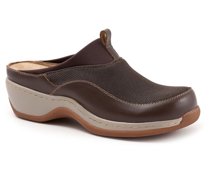 Fashioned with a round toe in a mesh fabric along with a cushioned, foam footbed, this sport-inspired mule keeps you stepping in comfort all day long. From Softwalk. Slip-on Synthetic Clogs For Walking, Synthetic Slip-on Clogs For Walking, Walking Clogs With Rubber Sole, Comfortable Synthetic Clogs With Rubber Sole, Synthetic Clogs With Rubber Sole For Walking, Comfortable Brown Walking Shoes With Arch Support, Sporty Clogs With Arch Support, Comfortable Sports Clogs With Arch Support, Comfortable Synthetic Clogs With Textured Sole