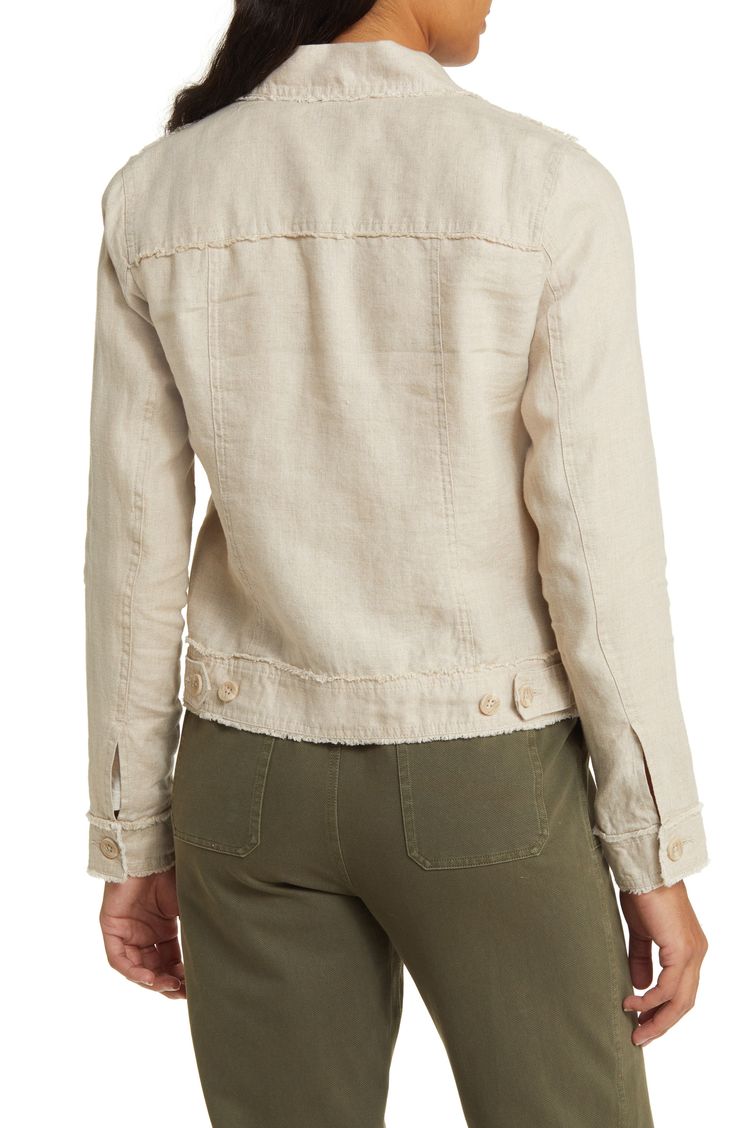 A classic trucker jacket lightens up for cooler weather in a pure linen fabrication in your choice of four versatile hues. Frayed edges add a relaxed, well-worn look. 22" length (size Medium) Front button closure Spread collar Button cuffs Chest button-flap pockets; front on-seam pockets Adjustable button tabs at waistband 100% linen Dry clean or machine wash, line dry Imported Spring Linen Outerwear With Button Closure, Spring Linen Utility Jacket With Patch Pockets, Spring Linen Utility Jacket With Pockets, Spring Linen Utility Jacket With Flap Pockets, Spring Linen Utility Jacket With Relaxed Fit, Casual Linen Utility Jacket For Spring, Casual Linen Utility Jacket For Fall, Casual Linen Outerwear With Flap Pockets, Casual Neutral Outerwear For Summer