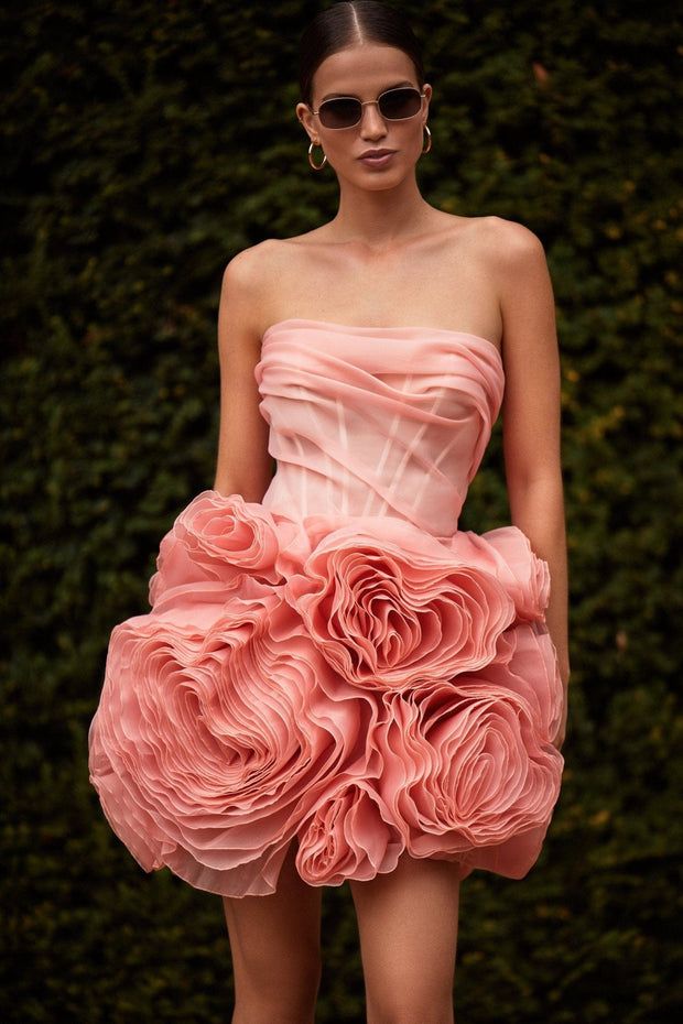 Couture Organza Prom Dress, Spring Mini Dress With Sheer Fitted Bodice, Feminine Organza Dress With Sheer Bodice, Spring Wedding Dress With Rose Detail, Feminine Rose Detail Prom Dress, Chic Voluminous Organza Dress, Couture Organza Dress For Gala, Couture Organza Gala Dress, Feminine Prom Dress With Rose Detail