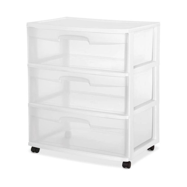 three drawer storage unit with wheels and plastic bins on each side, in white