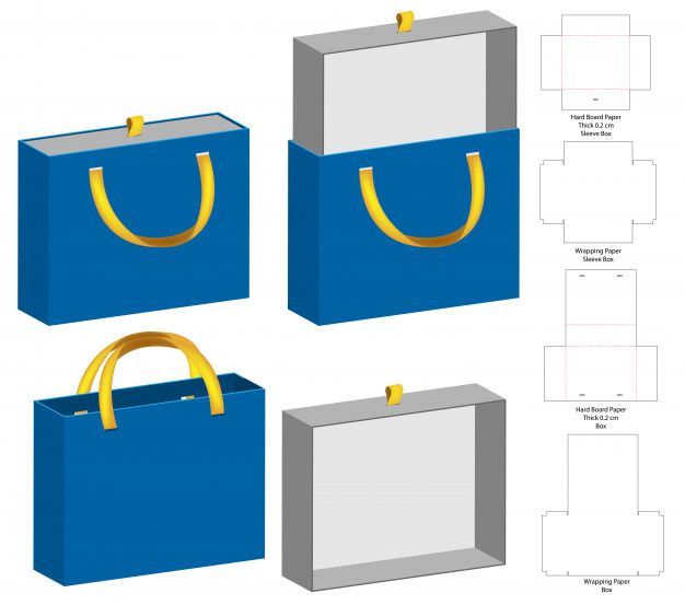 three blue bags with gold handles are shown in four different sizes and shapes, one is empty