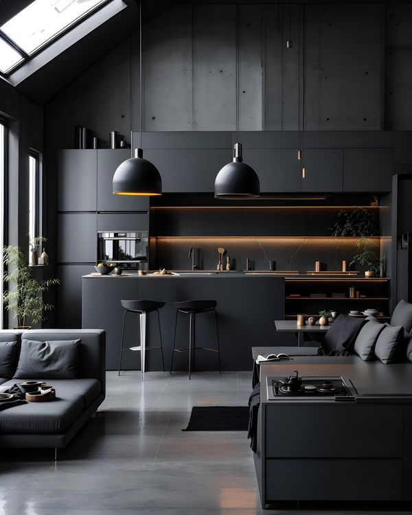 a living room filled with black furniture and lots of windows on top of the walls