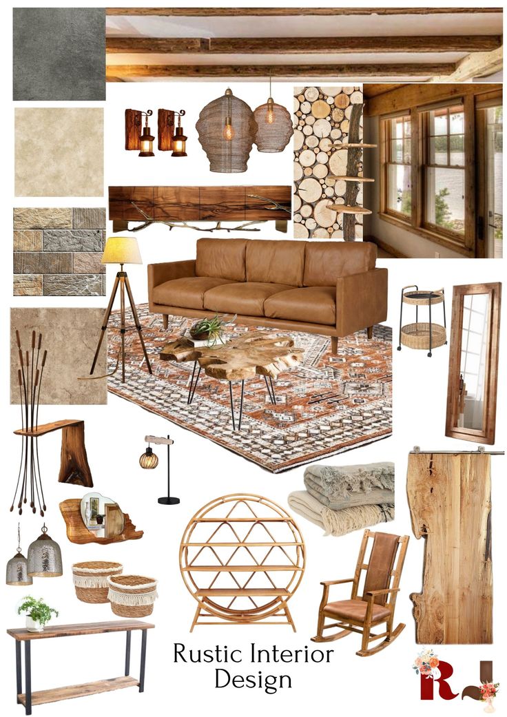 rustic interior design mood board with wood accents