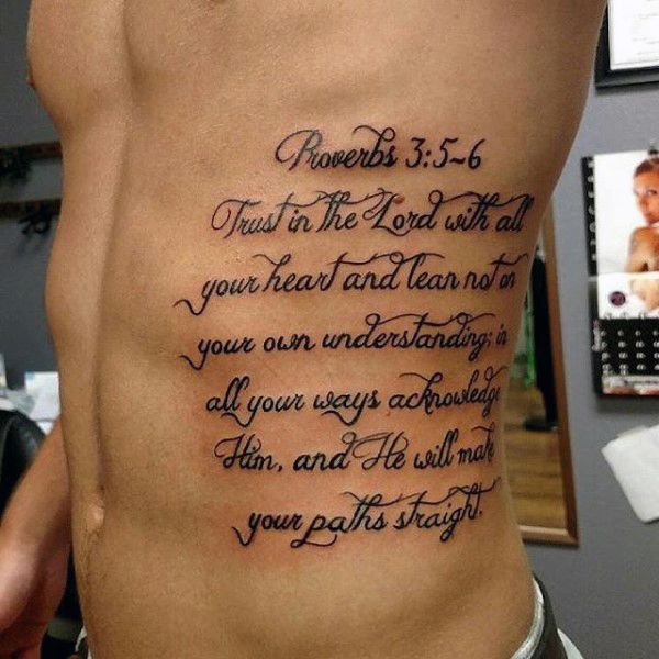 a man with a tattoo on his stomach that says provers 3 5 - 6 trust in the lord with all your heart and leann