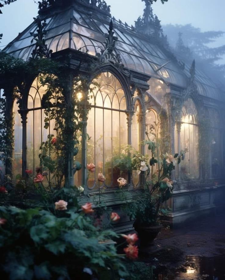 a building with lots of windows and flowers in the garden at night, surrounded by greenery