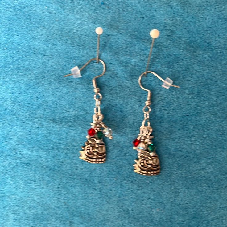 Ooak Handmade Christmas Earrings. Silvertone Christmas Tree Charms With Red, Green, And Clear Crystal Bead Dangles. 2” From Bottom To Top Of Ear Wire. Christmas Charm Earrings, Traditional Christmas Festive Jewelry, Traditional Festive Christmas Jewelry, Tree Charms, Wedding Earrings Studs, Christmas Tree Charm, Bead Dangles, Stamped Earrings, Crystal Christmas Tree