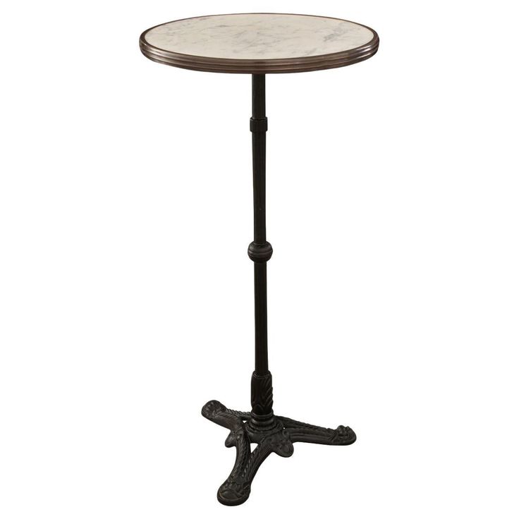 a small table with a marble top and iron legs on an isolated pedestal, against a white background