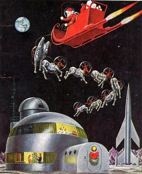 an advertisement for the space shuttle with astronauts in it and santa claus on his sleigh