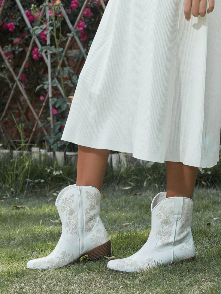 White  Collar     Embellished   Women Shoes Western Style Booties For Rodeo And Spring, Spring Rodeo Moto Boots With Round Toe, White Boots For Summer Western-themed Events, White Boots For Western-themed Summer Events, Western Style Mid-calf Boots With Block Heel, Western Style Mid-calf Boots With Block Heel For Spring, Casual Martin Boots With Square Toe For Spring, Western Booties With Stacked Heel For Spring, Western Ankle-high Moto Boots For Spring