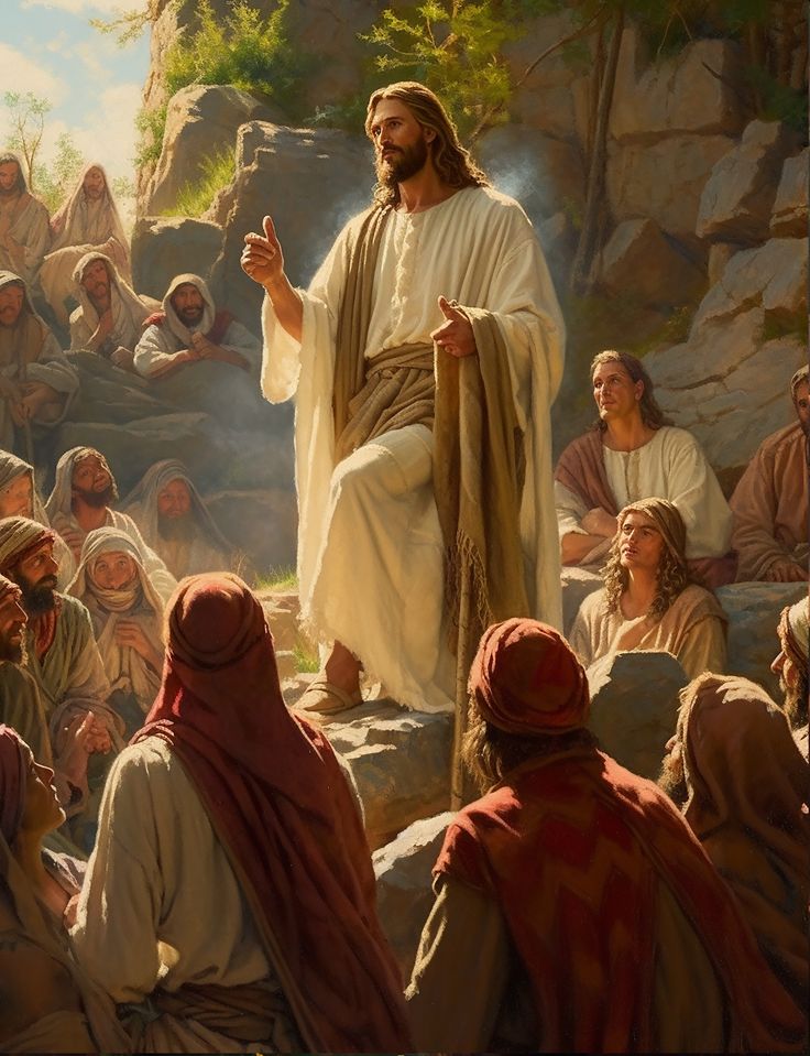 a painting of jesus standing in front of a group of people