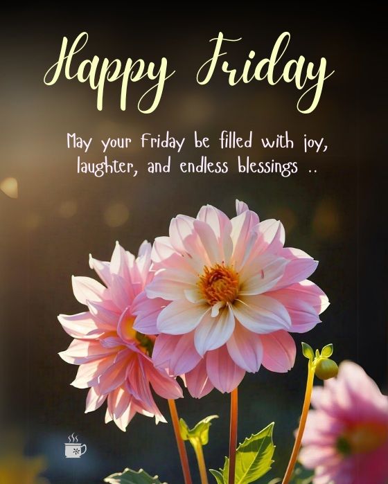 a vase filled with pink flowers sitting on top of a table next to a happy friday message