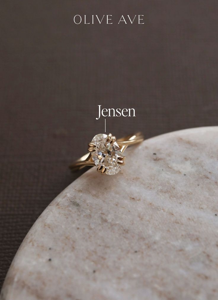 the side view of an engagement ring on a marble slab with text overlaying it