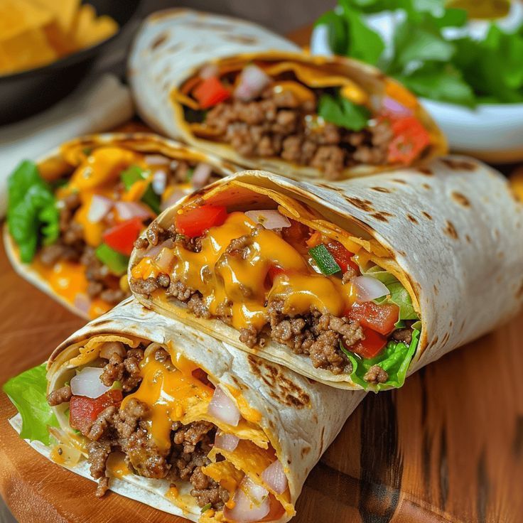 two burritos on a cutting board with lettuce, tomatoes and cheese