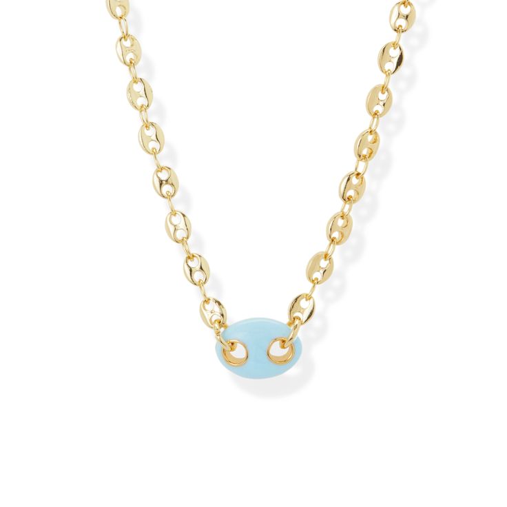 18k Gold-Plated Brass Length: 14" Extender: 2" Lobster clasp closure Light Blue Clavicle Chain Necklace, Elegant Blue Necklace With Cable Chain, Elegant Blue Necklace With Chain, Luxury Blue Pendant Necklace, Blue Pendant Necklace With Cable Chain, Blue Adjustable Gold-plated Chain Necklace, Blue Pendant Chain Necklace With Clavicle Chain, Blue Pendant Clavicle Chain Necklace, Blue Oval Link Necklaces For Gift