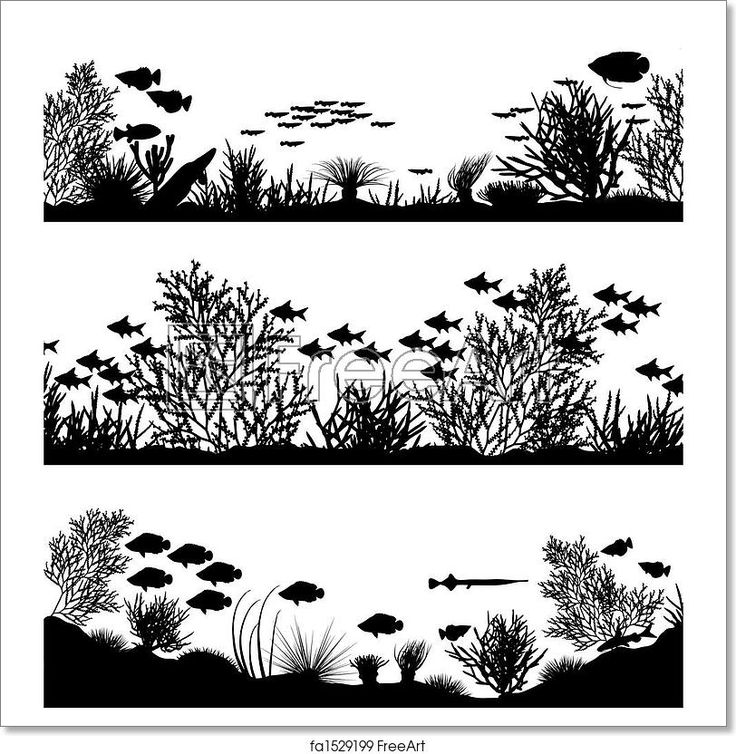 an aquarium scene with fish and plants silhouettes on white background, eps file available