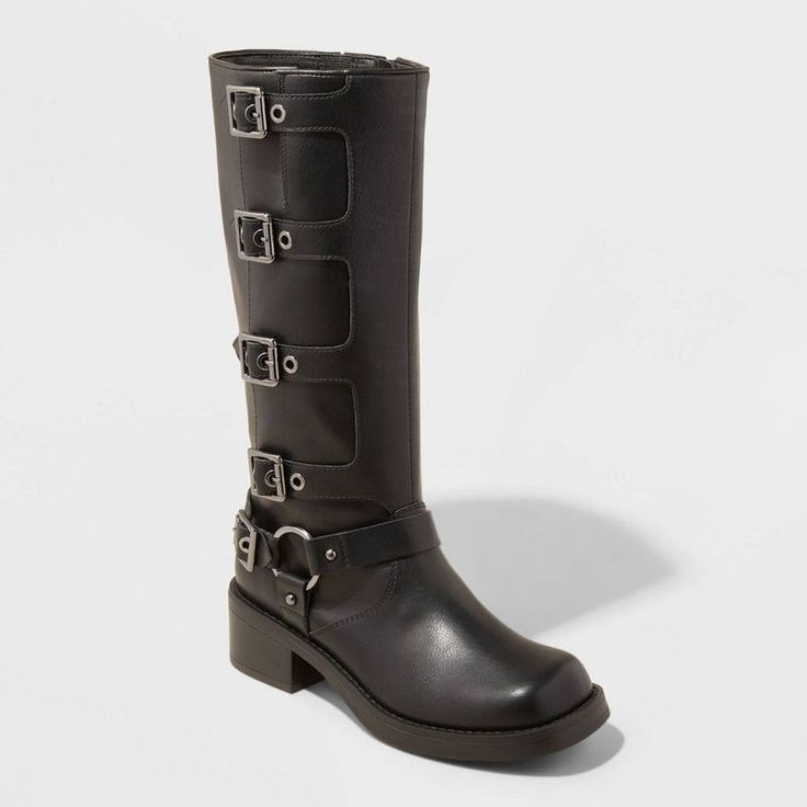 Mid-Calf Moto Boots With Silver-Tone Buckles And Grommets 1.75in Block Heel And 12in Shaft Height Black Faux-Leather Construction Memory Foam Insole Side Zipper Textured Outsole Black Faux-Leather Moto Boots From Wild Fable Embellished With Silver-Tone Buckles And Grommets Running Down The Side. Set On A 1.75-Inch Block Heel With A Textured Outsole. Designed With A Mid-Calf Length, Round Closed Toe And Side Zippered Fastening. Memory Foam Insoles Provide All-Day Comfort.Wild Fable: A Look For Ev Western Dress With Boots, Beach Socks, Buckle Ankle Boots, Tall Riding Boots, Rubber Boot, How To Stretch Boots, Buckle Boots, Wide Calf, Wild Fable