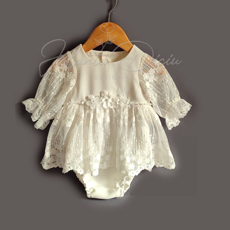 "This is gorgeous  lace baptism bodysuit for baby girl. Bodysuit is made from pretty floral  lace and tulle is perfect for your baby's baptism/ christening/ blessing day!  The set options are: -Baptism romper/ bodysuit -Flower and pearl beads shoes -Headband -Bonnet All garments are made from high quality and soft fabrics. Long skirt is perfect for the ceremony part in the church and can be removed afterwards. Baby stays in cute butterfly romper for her ultimate comfort. Sizes available: ( these are outfit measurements) 0-3 months, ( Chest 16\",) 3-6 months, (Chest 17.5\") 6-9 months (Chest 18.5) 9-12 months (Chest 19.5\") 12-18 months, (Chest 20\") 18-24 months. (Chest 21\")" Lace Dress For First Communion In Summer, Summer Baptism Dress With Lace Bodice, Summer Baptism Lace Dress With Lace Bodice, Fitted Lace Dress For First Communion Summer, Summer Lace Dress With Lace Bodice For Baptism, Elegant White Bodysuit With Ruffles, Elegant Summer Lace Dress For First Communion, Elegant Lace Dress For Baptism Party, Cream Lace Dress For Summer Baptism