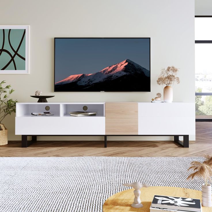 PRICES MAY VARY. 📺【Modern Minimalist Style】The color matching design makes this TV cabinet simple yet unique. It's perfect for modern minimalist decor but also fits in with other decor styles.TV stand supports TVs up to 80 inches. Any TV up to 80 inches will work perfectly with this TV stand. 📺【Sturdy & Durable & Stable】This entertainment center is made of high-grade MDF and quality hardware. Outstanding workmanship ensures beauty and durability. Durable, scratch-resistant, water-resistant and Modern Tv Console, Tv Console Modern, Tv Console Table, Media Furniture, Home Theatre, Matching Design, Modern Tv, Tv Console, Tv Cabinet