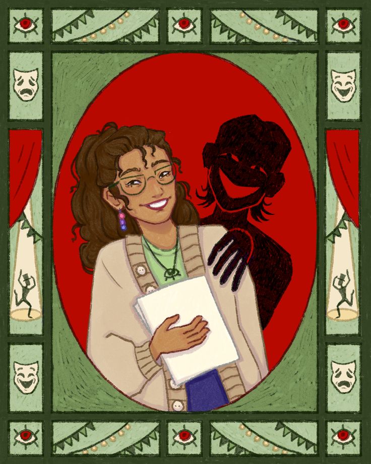 a painting of a woman holding a piece of paper in front of a red circle