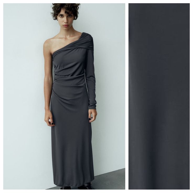 Nwt. Zara Anthracite Gray Draped Asymmetric Midi Dress Made Of Knit Fabric. Asymmetric Neckline With One Long Sleeve. Ruched Fabric. Side Hidden Zipper Closure. Size S. Ref. 4661/201. Pit To Pit 16,5" Flat, Sleeves 25", Waist 12", Length 55". 1004 Fitted Asymmetrical Draped Dress For Fall, Fitted Draped Asymmetrical Dress For Fall, Ruched Asymmetrical Dresses For Fall, Asymmetrical Ruched Dresses For Fall, Fitted One Shoulder Asymmetrical Dress, Pre-draped Asymmetrical One Shoulder Dress, Pre-draped Fitted One Shoulder Dress Asymmetrical, Pre-draped Fitted One Shoulder Dress, Pre-draped One Shoulder Fitted Dress