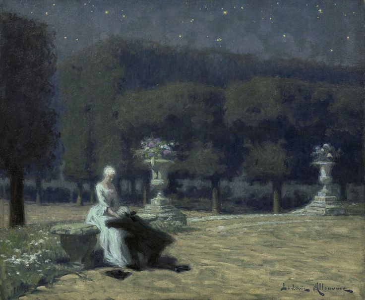 a painting of a woman sitting on a rock in the middle of a park at night