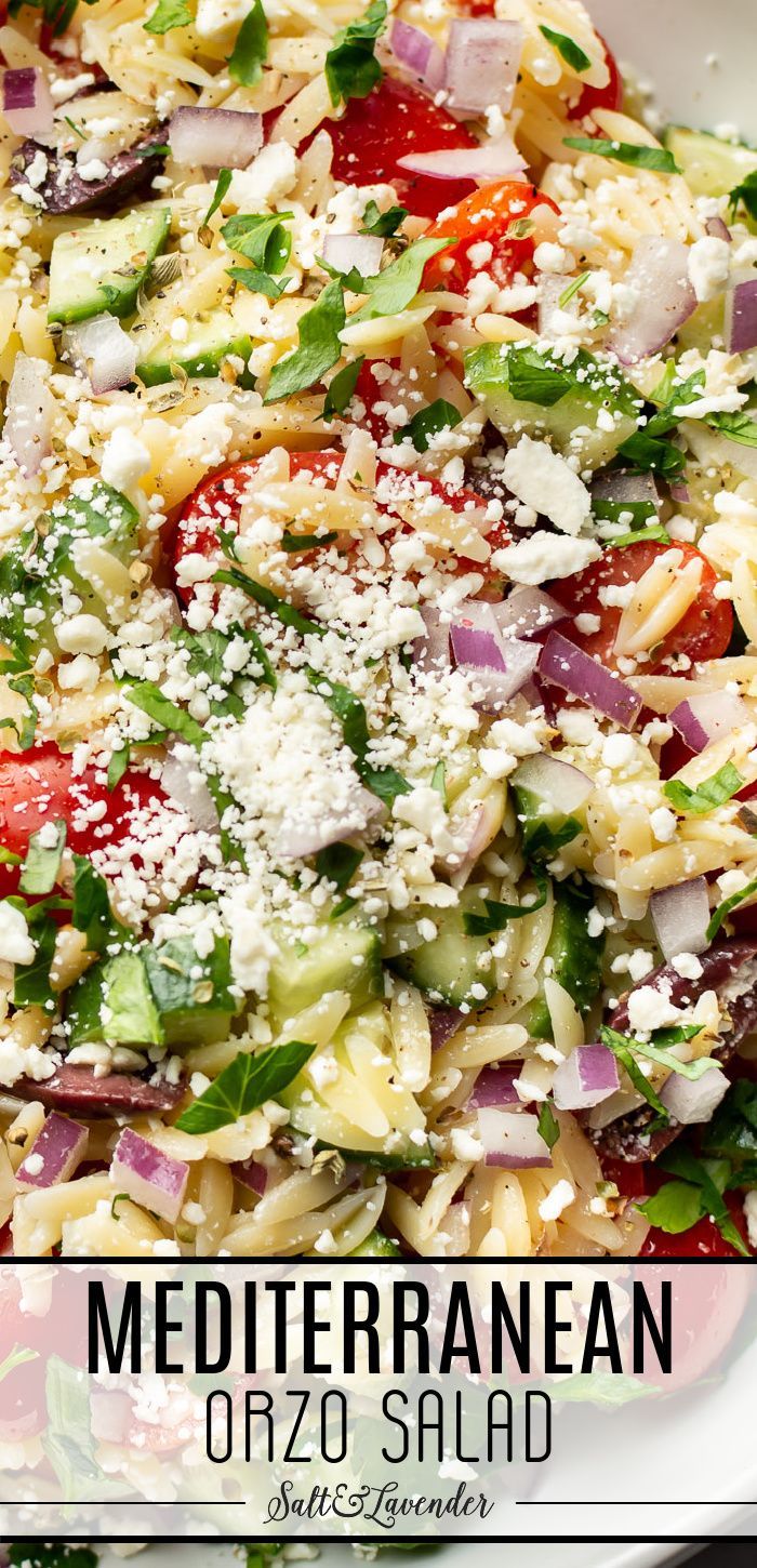 a bowl of salad with text overlay that reads mediterranean orzo salad Cold Orzo Salad, Orzo Salad With Chicken, Orzo Salad Dressing, Orzo Salad Recipes Cold, Chicken Orzo Salad, Orzo Recipes Side, Mediterranean Orzo Salad, Orzo Pasta Recipes, Mediterranean Orzo