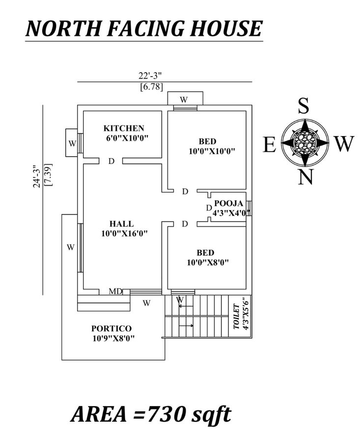 the north facing house floor plan is shown in black and white, with an arrow pointing to