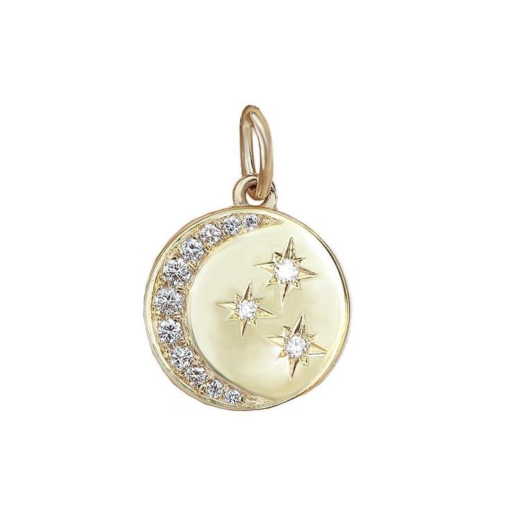 Diamond Crescent Moon & Stars Coin Pendant | sillyshinydiamonds Celestial Style Jewelry With Brilliant Cut, Celestial Style Jewelry With Round Cut Diamond Accents, Celestial Jewelry With Round Cut Diamond Accents, Luxury White Gold Moon Charm Jewelry, Luxury White Gold Jewelry With Moon Charm, Celestial White Gold Jewelry With Brilliant Cut, Star Shaped Brilliant Cut Yellow Gold Jewelry, Moon-shaped Gold Diamond Jewelry, Gold Moon-shaped Diamond Jewelry