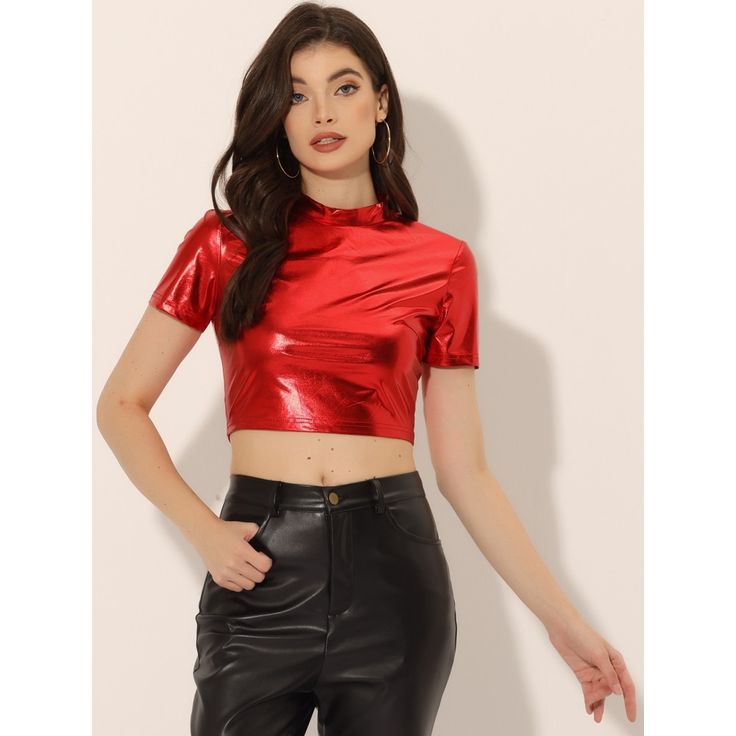 With its sleek and modern style, this short-sleeve crop top is the perfect addition to any outfit, making it instantly party-ready. Crafted with a mock neck, short sleeves, and a perfectly fitted bodice, this essential party top is sure to turn heads wherever you go. Whether you're heading to a club, night out, music festival, or any other occasion, this versatile piece can be dressed up or down to suit your style. Made from top-quality materials, this sparkle tee is not only stylish but also co Top Rojo, Metallic Crop Top, Stand Collar Blouse, Sparkle Party, Costume Inspo, Womens Christmas Shirts, Club Night, Outfit Making, Mesh Long Sleeve