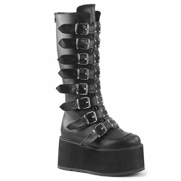 These Lace Me Up Platform Boots beature black vegan leather, 3.5 inch platform, knee boot, chrome plated buckle straps and full back zip for easier on/off #lacemeup #buckles #kneehighboots #platformboots #blackboots #blackboots Demonia Damned 318, Demonia Boots, Goth Shoes, Goth Boots, Demonia Shoes, Dr Shoes, Light Up Shoes, Black Vegan, Buckle Boots