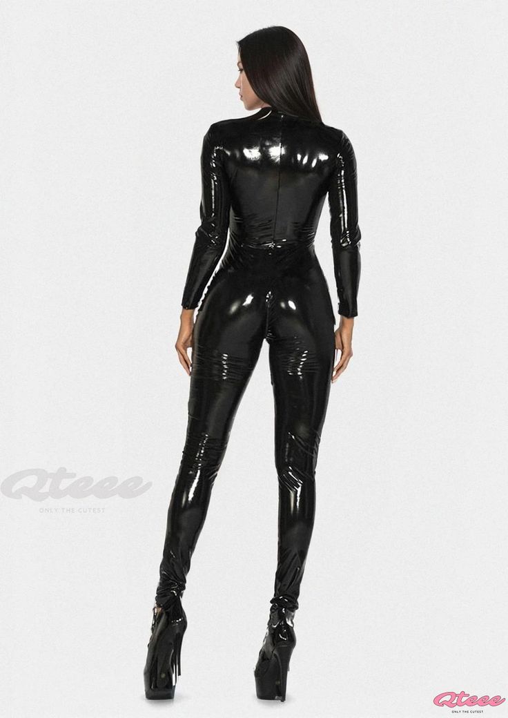 Qteee - Sleek and Glossy Mirror-Finished Jumpsuit with Zippered Pants - Ideal for Fashion Enthusiasts Leather Bodysuit, Long Sleeve Swimwear, Leather Jumpsuit, Bodysuit Jumpsuit, Zipper Pants, Long Sleeve Jumpsuit, Catsuit, Lingerie Lace, Wide Leg Trousers