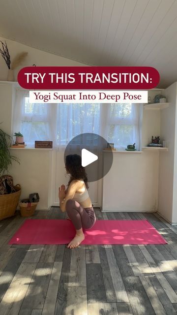 a woman kneeling on a yoga mat with the words try this transition in front of her