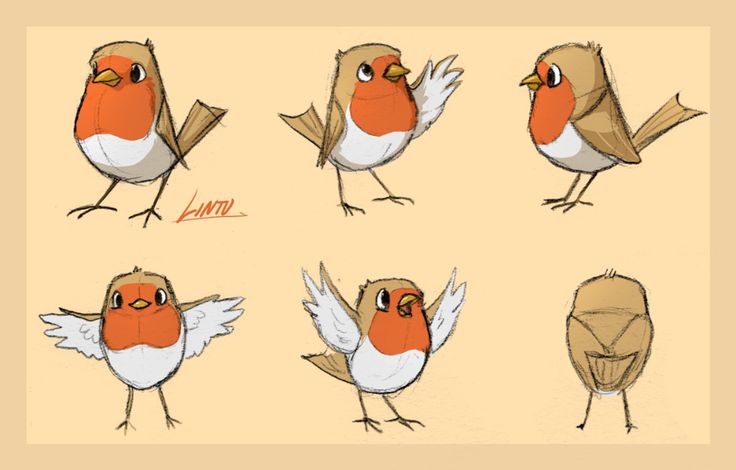 a bunch of birds with different poses and expressions