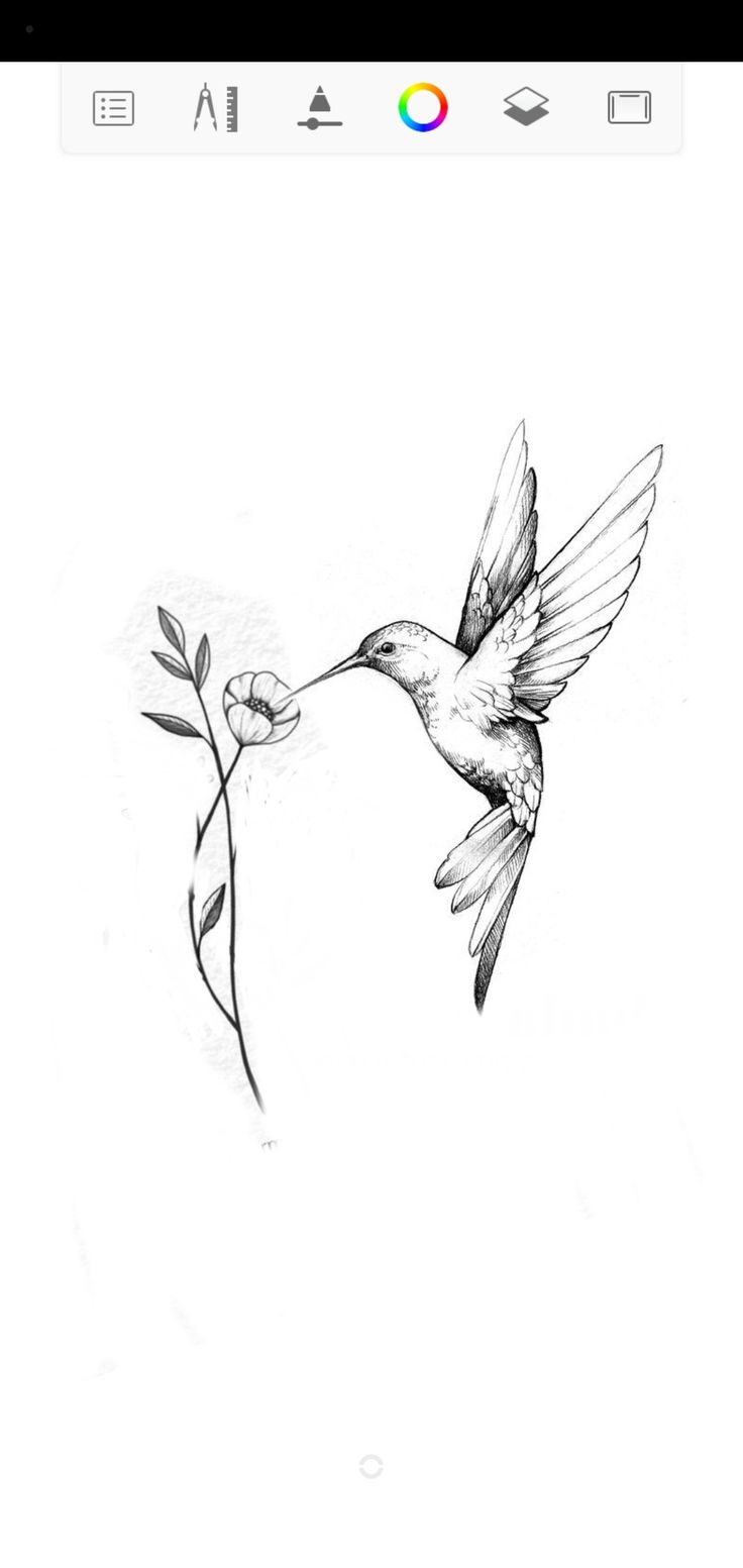 a black and white drawing of a hummingbird flying with a flower in it's beak