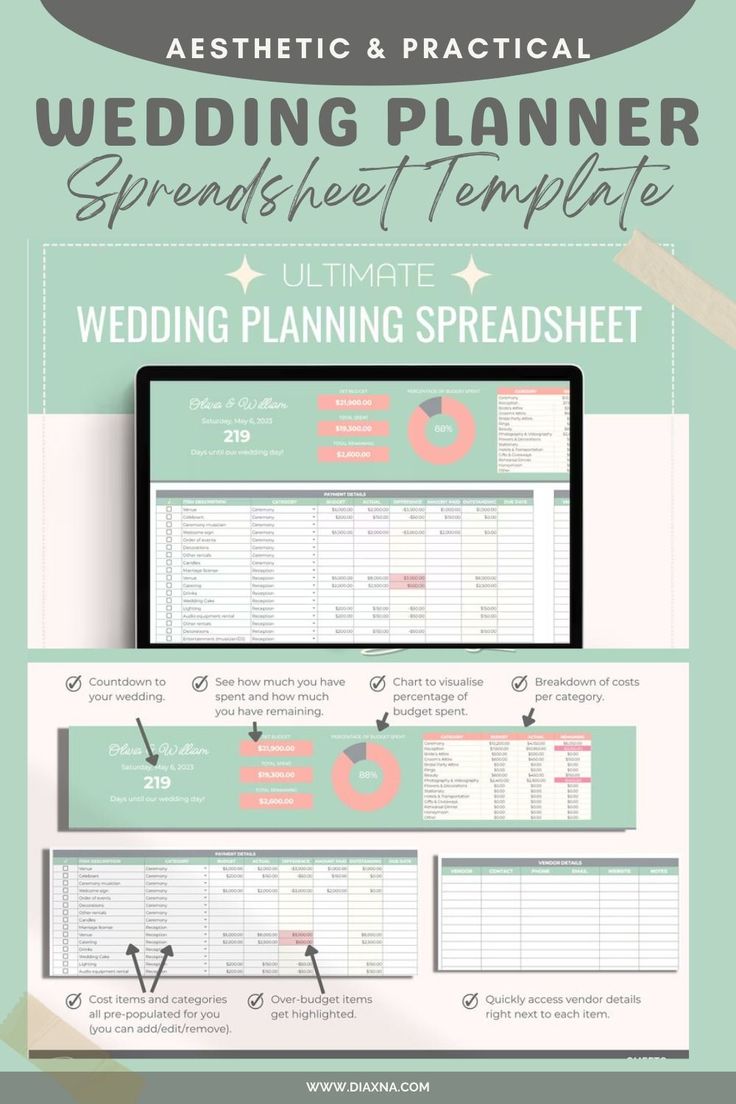 Wedding Planning Made Easy: Top Aesthetic Wedding Planner Spreadsheet Templates. Streamline Your Wedding Prep and Organize Your Big Day With Practical Planner Spreadsheets! — DIAxNA undateddigitalplanner #weddingonabudget #financeplanner #undated... Wedding Digital Planner, Wedding Excel Spreadsheets, Wedding Planner Aesthetic, Wedding Planner Templates, Wedding Planner Spreadsheet, Wedding Spreadsheet, Wedding Planning Spreadsheet, Wedding Planning Templates, Free Wedding Planner Printables