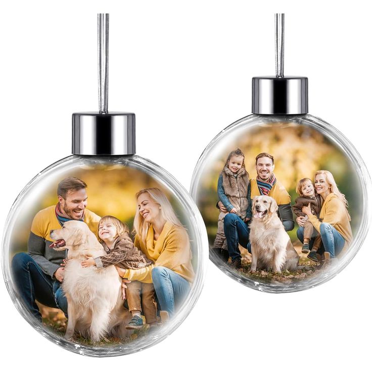 an ornament with a family photo on the front and back, hanging from a metal rod