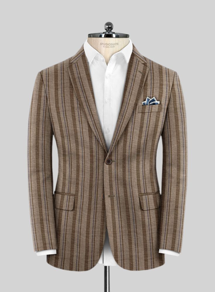 Unleash your refined persona with our Italian Murano Omini Stripe Wool Linen Silk Jacket. Meticulously crafted from a premium blend of wool, linen, and silk, this vintage-inspired jacket  adds a touch of sophistication to any setting with its timeless, minimalist style. Additionally, boasting grosgrain brown stripes with a narrow blue hue, this jacket  offers a sleek and modern, comfortable, and effortlessly chic look, making it the perfect choice for various official gatherings.  Look features Elegant Tailored Linen Tweed Jacket, Elegant Linen Tweed Jacket With Welt Pockets, Luxury Linen Suit For Fall, Luxury Linen Outerwear For Formal Occasions, Luxury Linen Suits For Fall, Luxury Linen Formal Outerwear, Elegant Linen Outerwear With Suit Collar, Elegant Linen Tweed Jacket For Semi-formal Occasions, Fall Linen Business Casual Suits