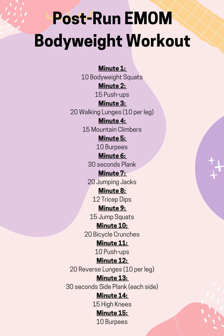 the post - run emom bodyweight workout plan is shown in pink and purple