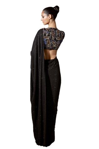 Black net pre-stitched saree with crystal embellishments. Comes with a silver blouse. - Aza Fashions Fitted Black Draped Saree, Evening Blouse With Sequins In Traditional Drape, Evening Blouse With Sequins And Traditional Drape, Sequin Blouse With Traditional Drape For Evening, Fitted Draped Blouse Piece With Sequins, Fitted Draped Sequin Blouse Piece, Fitted Pre-draped Saree With Zari Work For Evening, Embellished Semi-stitched Draped Blouse Piece, Embellished Draped Semi-stitched Blouse Piece