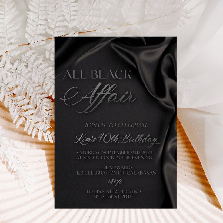 a black and white wedding card with the words, all black affair on it's front