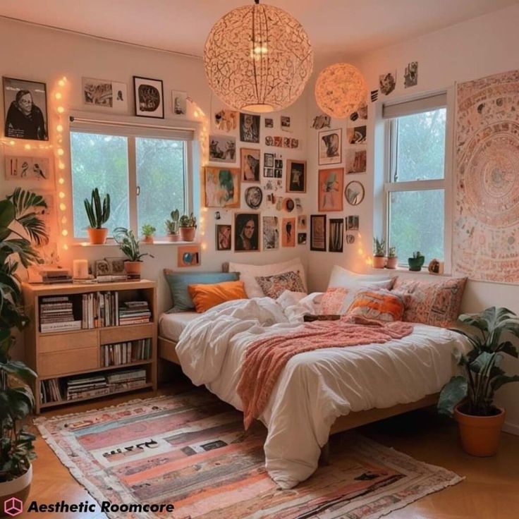 a bed room with a neatly made bed and lots of pictures on the wall above it