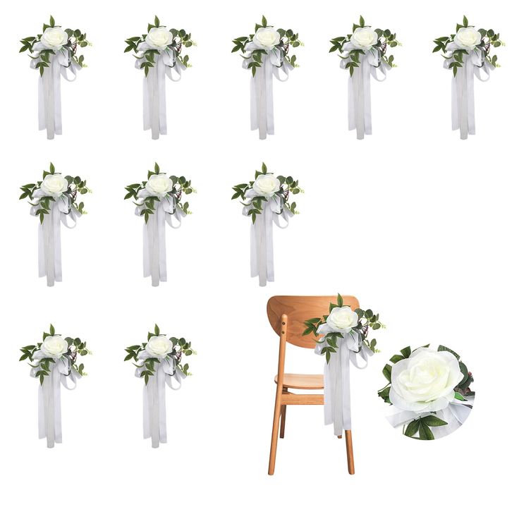 a bunch of white flowers sitting on top of a wooden chair next to each other